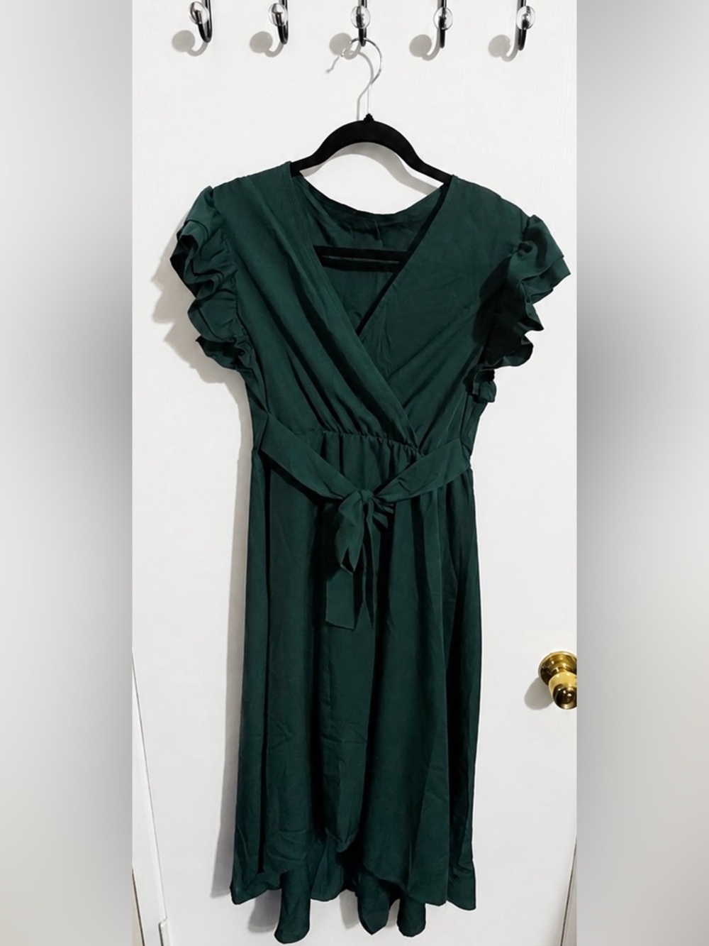 Forest Green Flutter Sleeve Wrap Dress – Size Medium – Elegant Midi Dress